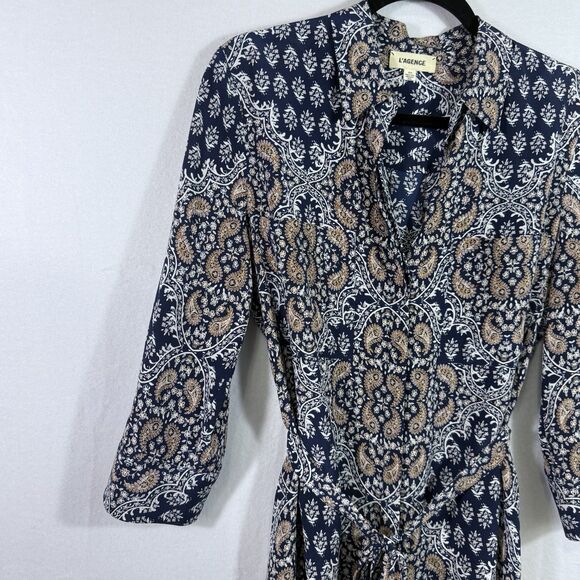 L'Agence Navy 100% Silk Paisley Tie Belt Button Front Shirt Stella Dress Size S - Picture 5 of 14
